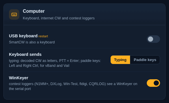 Settings, Computer: USB keyboard off, Keyboard sends set to Typing with Paddle keys beside it, and WinKeyer on