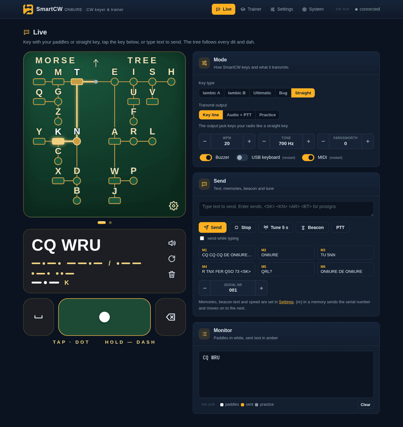 SmartCW's Live page: the green Morse tree with the path to K lit, the decoded text CQ WRU with its Morse, the on-screen key, and panels for key type, output, speed, tone, text sending, memories M1 to M6, the serial number and the monitor