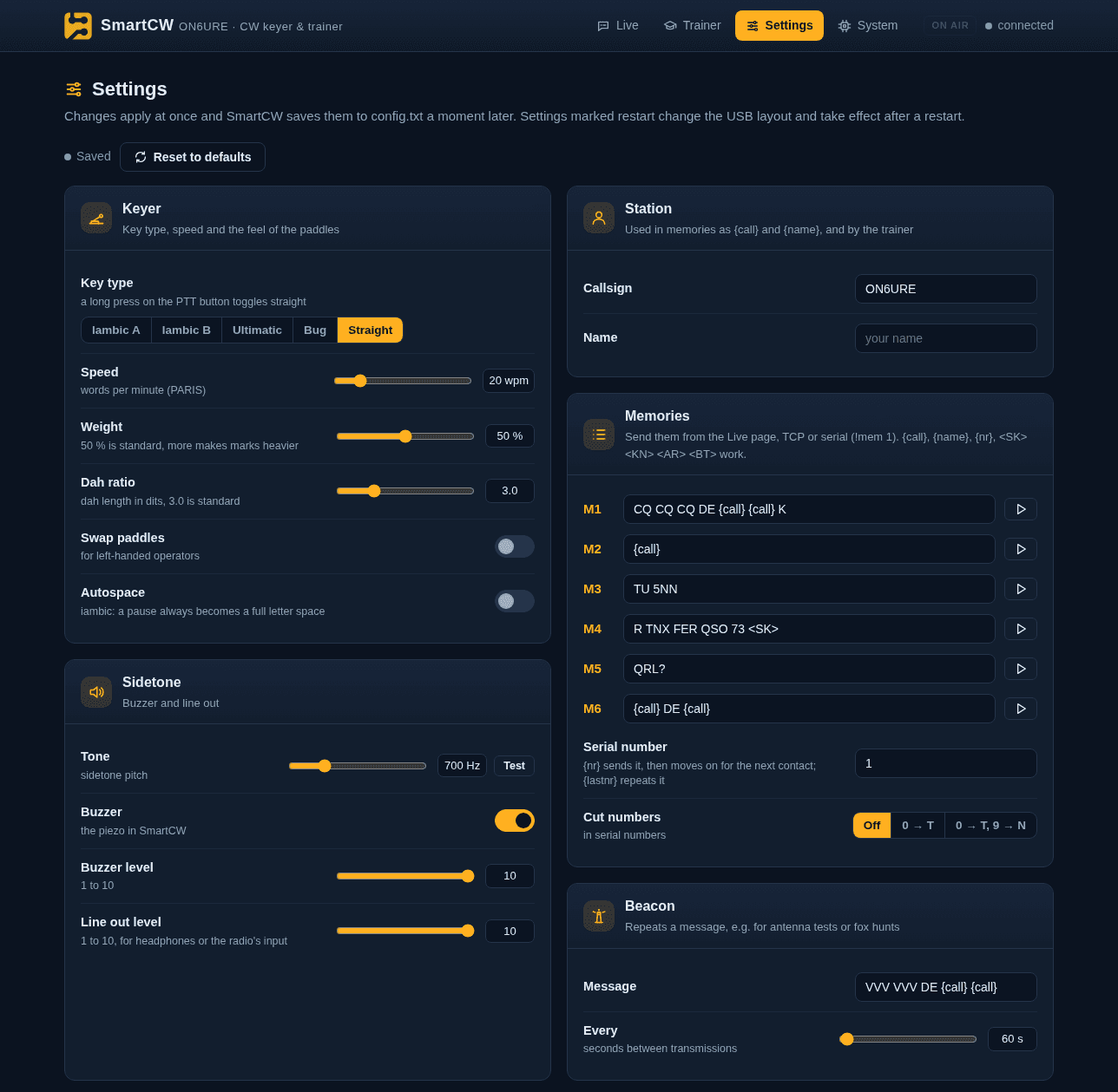 The Settings page: keyer, station, memories with the serial number and cut numbers, sidetone and beacon panels with sliders, toggles and text fields
